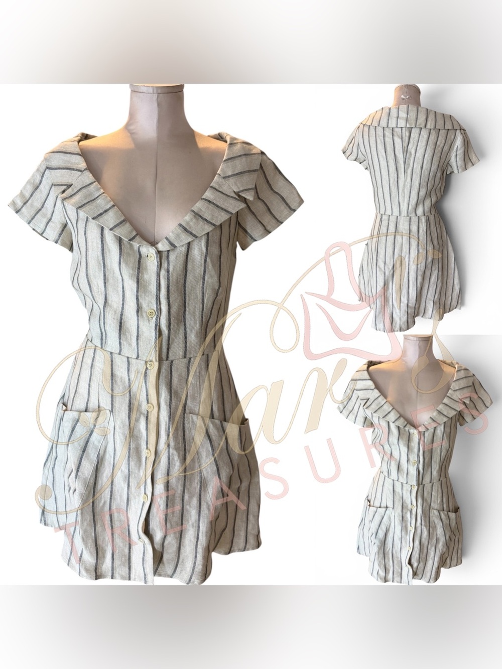 Reformation Cream Striped Button Up Linen Mini Dress Sz 6 - Picture 5 of 10